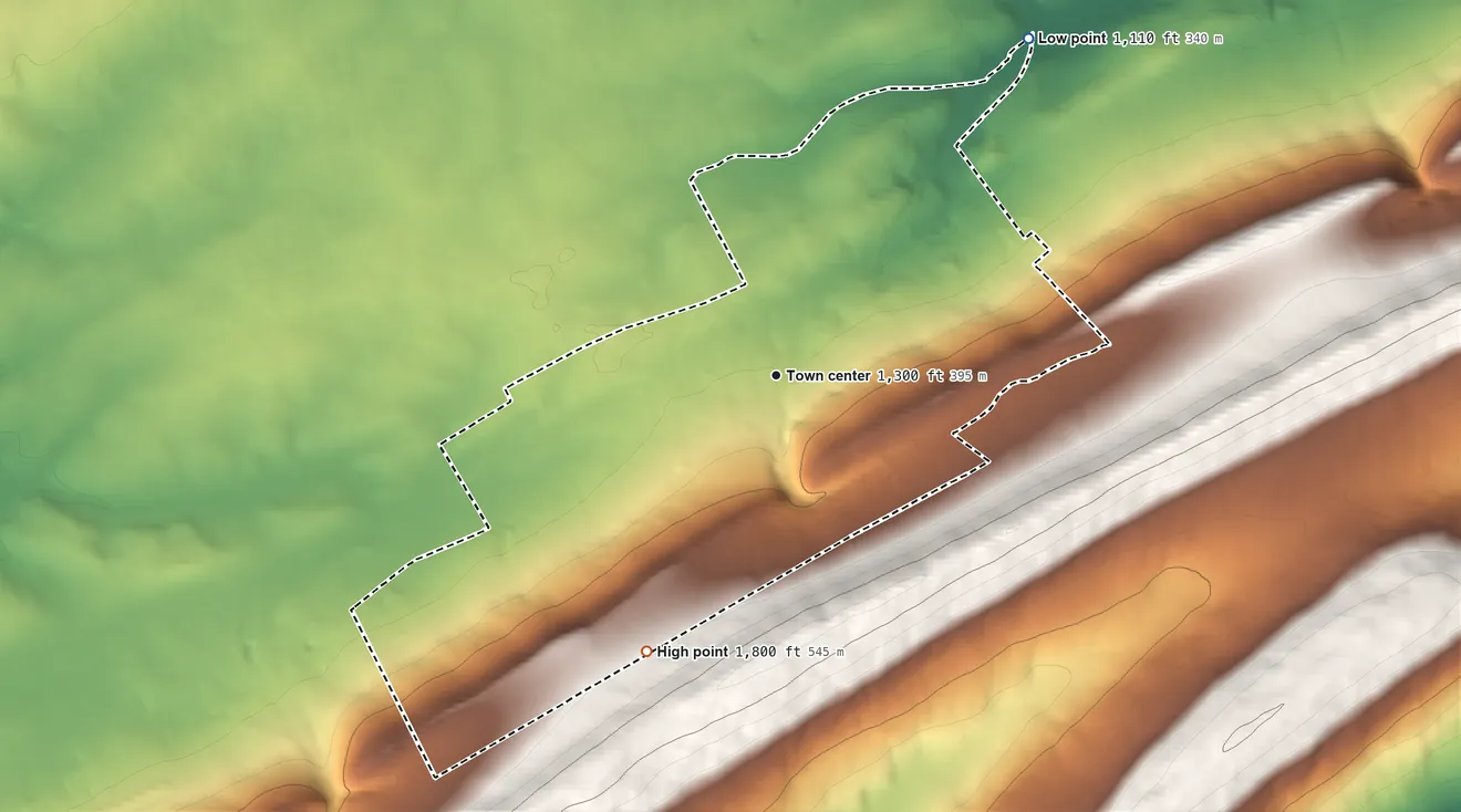 Topographic elevation map of Pine Grove Mills, Pennsylvania, shaded from 1,110 ft on the northeast side to 1,800 ft at the foot of the Jacks Mountain