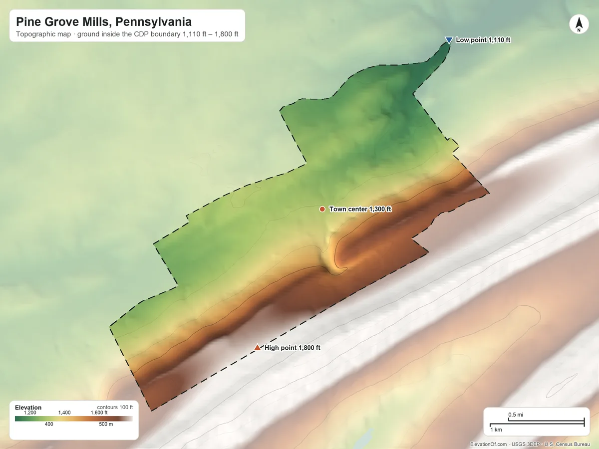 Topographic elevation map of Pine Grove Mills, Pennsylvania, shaded from 1,110 ft on the northeast side to 1,800 ft at the foot of the Jacks Mountain