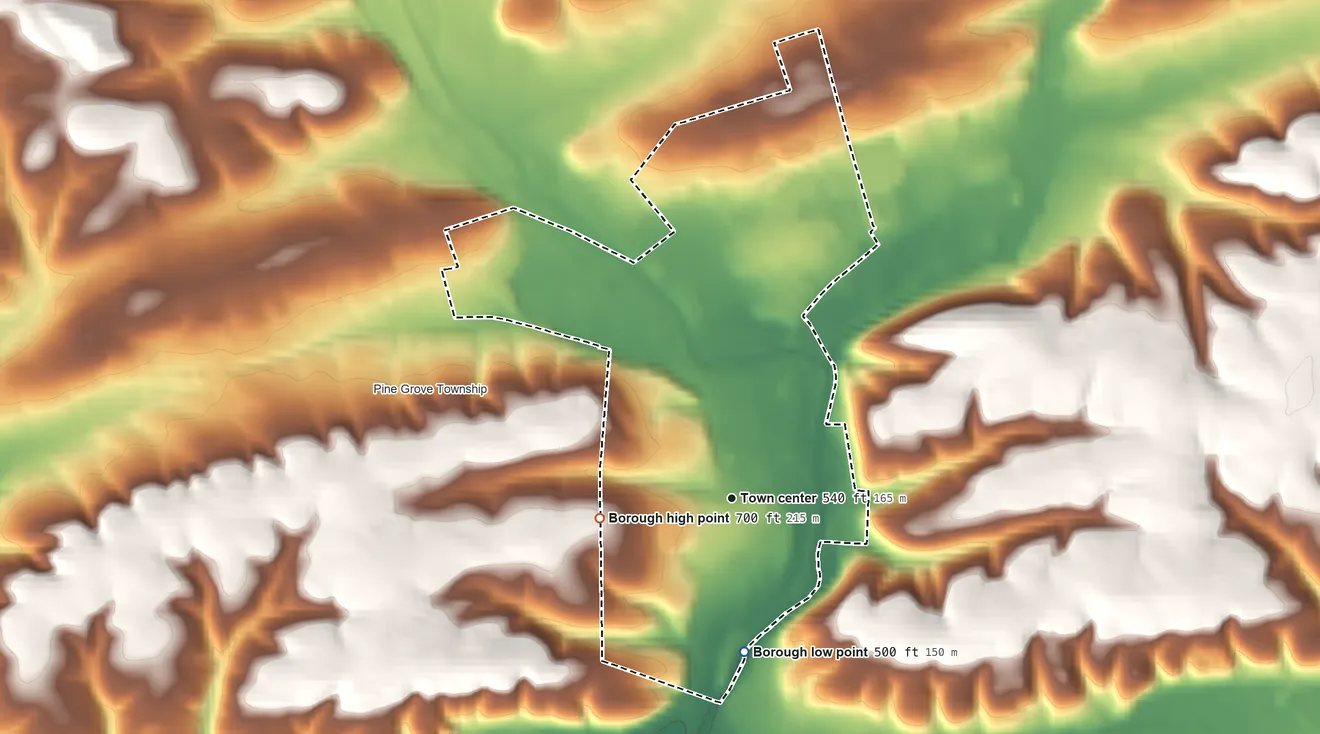 Topographic elevation map of Pine Grove, Pennsylvania, shaded from 500 ft on the south side to 700 ft on the west side