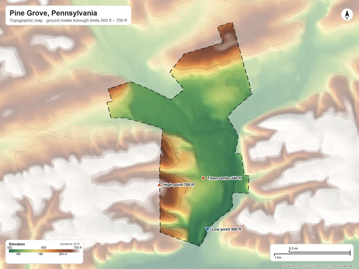 Topographic elevation map of Pine Grove, Pennsylvania, shaded from 500 ft on the south side to 700 ft on the west side