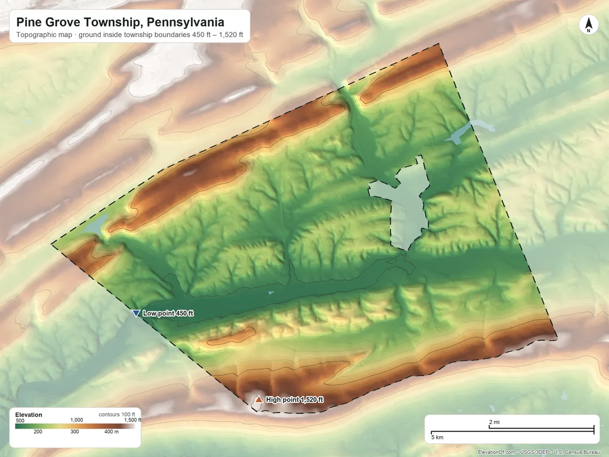 Topographic elevation map of Pine Grove Township, Pennsylvania, shaded from 450 ft on the southwest side to 1,520 ft on the southwest side