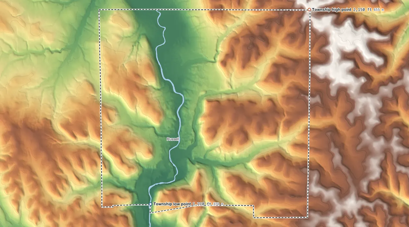 Topographic elevation map of Pine Grove Township, Warren County, Pennsylvania, shaded from 1,210 ft on the southwest side to 2,150 ft on the northeast side