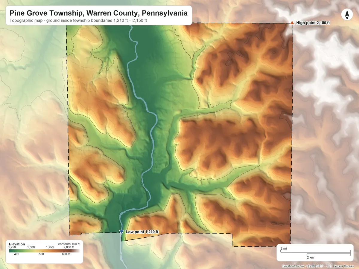 Topographic elevation map of Pine Grove Township, Warren County, Pennsylvania, shaded from 1,210 ft on the southwest side to 2,150 ft on the northeast side