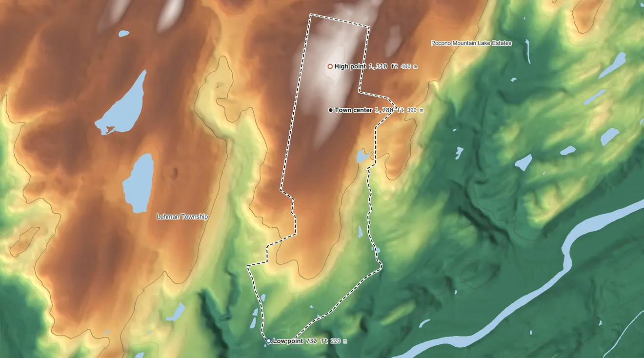 Topographic elevation map of Pine Ridge, Pennsylvania, shaded from 730 ft on the south side to 1,310 ft on the north side