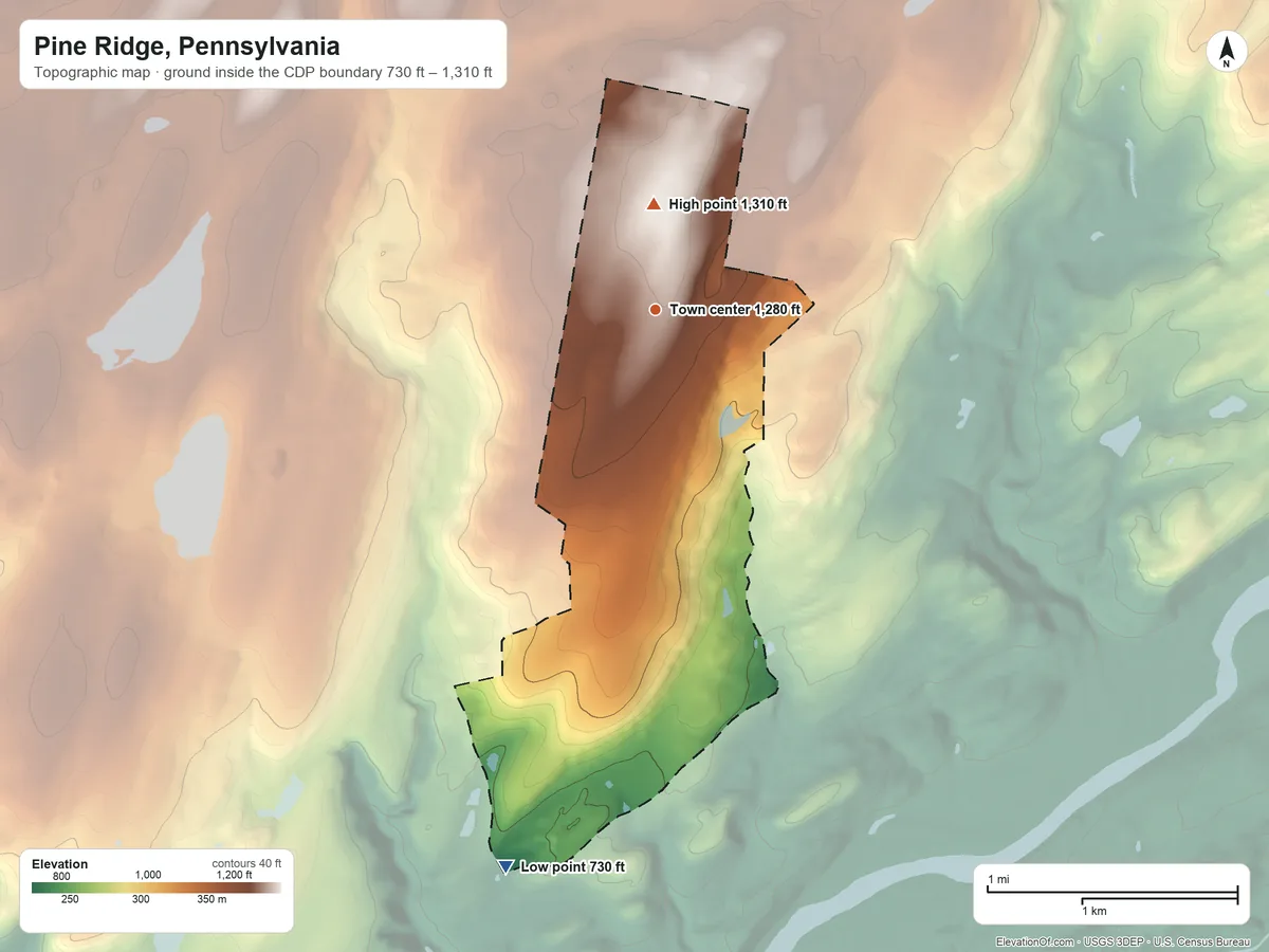 Topographic elevation map of Pine Ridge, Pennsylvania, shaded from 730 ft on the south side to 1,310 ft on the north side