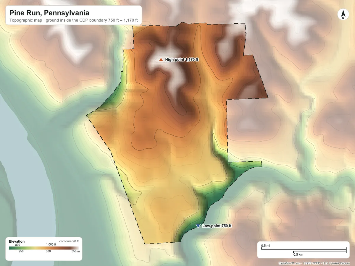 Topographic elevation map of Pine Run, Pennsylvania, shaded from 750 ft on the south side to 1,170 ft on the north side