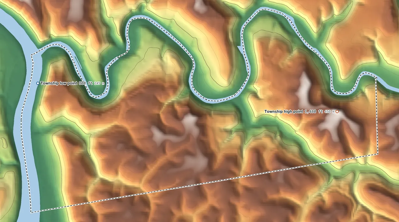 Topographic elevation map of Pine Township, Armstrong County, Pennsylvania, shaded from 800 ft on the north side to 1,480 ft on the east side