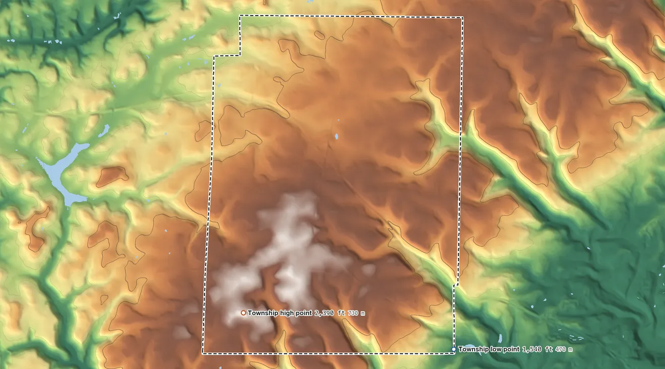 Topographic elevation map of Pine Township, Clearfield County, Pennsylvania, shaded from 1,540 ft on the southeast side to 2,390 ft on the south side