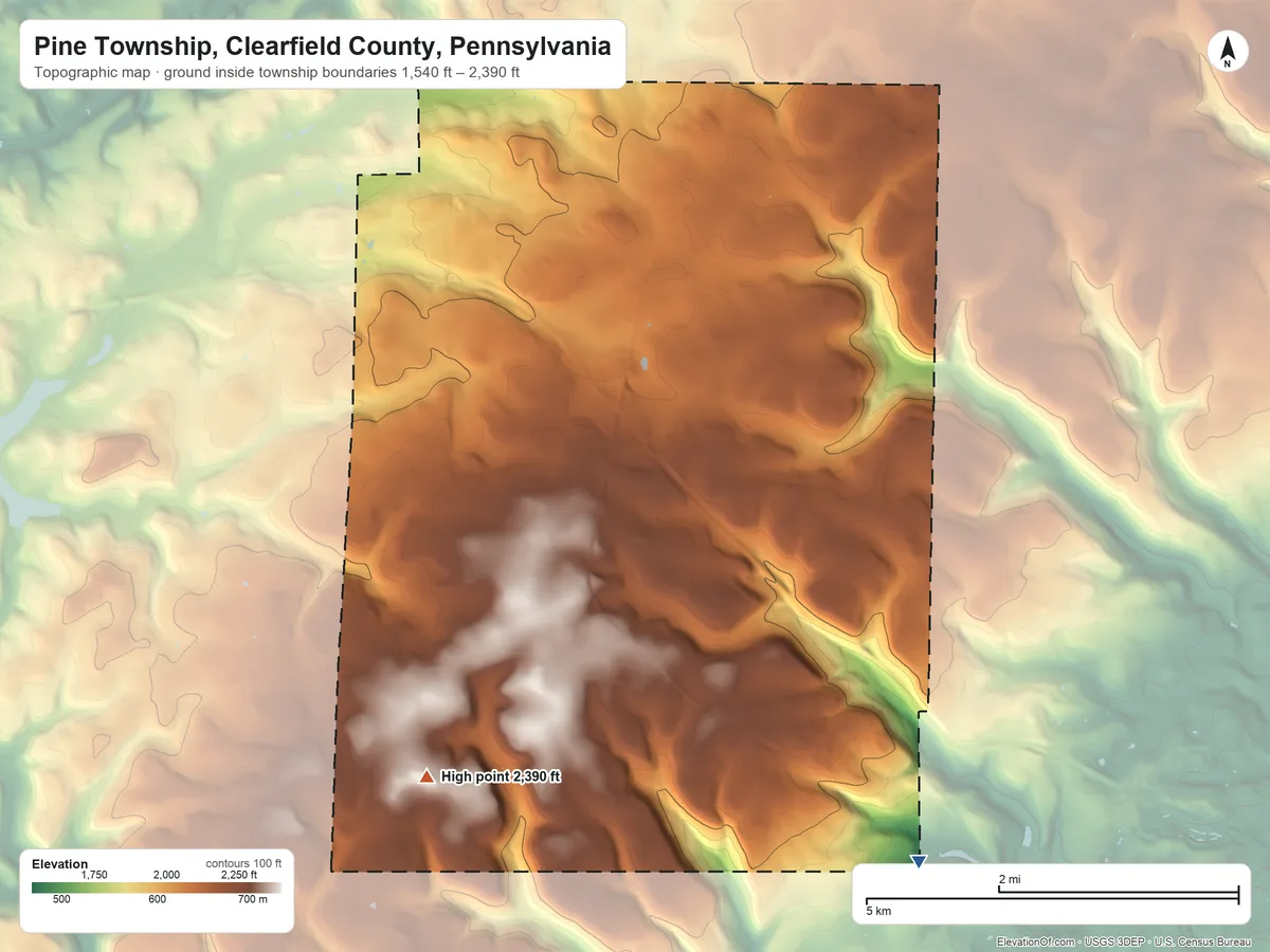 Topographic elevation map of Pine Township, Clearfield County, Pennsylvania, shaded from 1,540 ft on the southeast side to 2,390 ft on the south side