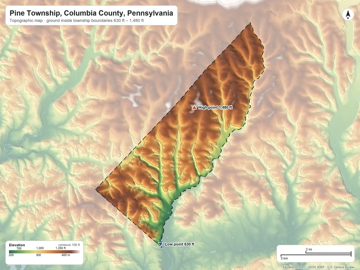Topographic elevation map of Pine Township, Columbia County, Pennsylvania, shaded from 630 ft on the south side to 1,480 ft on the north side