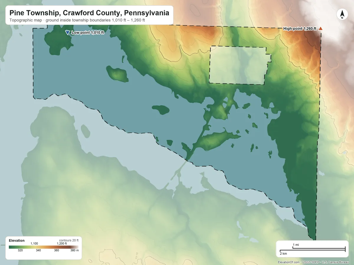 Topographic elevation map of Pine Township, Crawford County, Pennsylvania, shaded from 1,010 ft on the northwest side to 1,260 ft on the northeast side