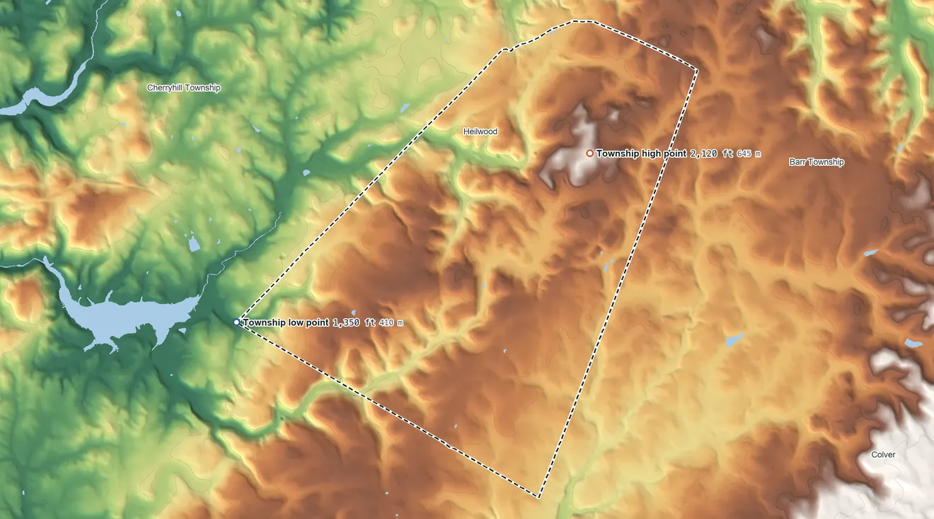 Topographic elevation map of Pine Township, Indiana County, Pennsylvania, shaded from 1,350 ft on the west side to 2,120 ft on the northeast side