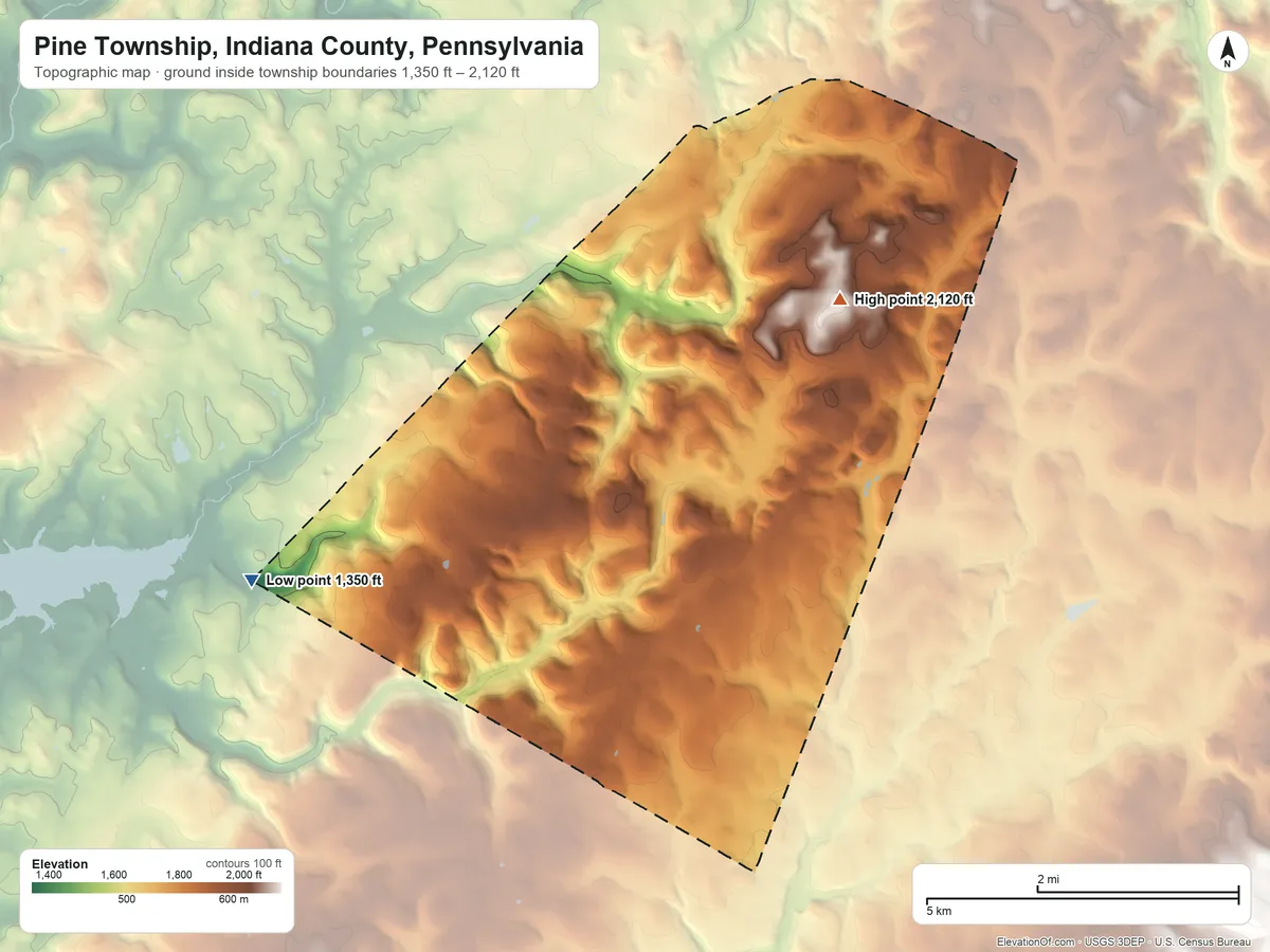 Topographic elevation map of Pine Township, Indiana County, Pennsylvania, shaded from 1,350 ft on the west side to 2,120 ft on the northeast side