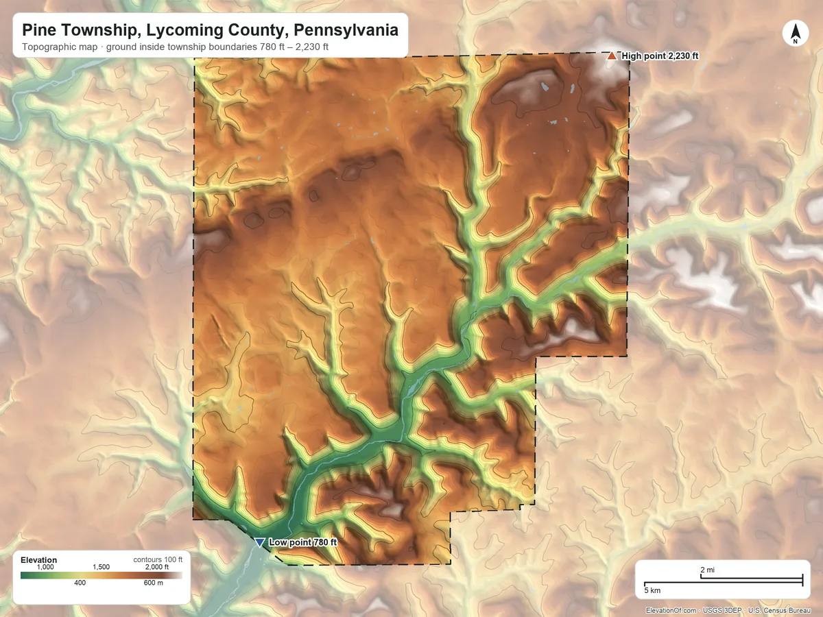Topographic elevation map of Pine Township, Lycoming County, Pennsylvania, shaded from 780 ft on the south side to 2,230 ft on the northeast side