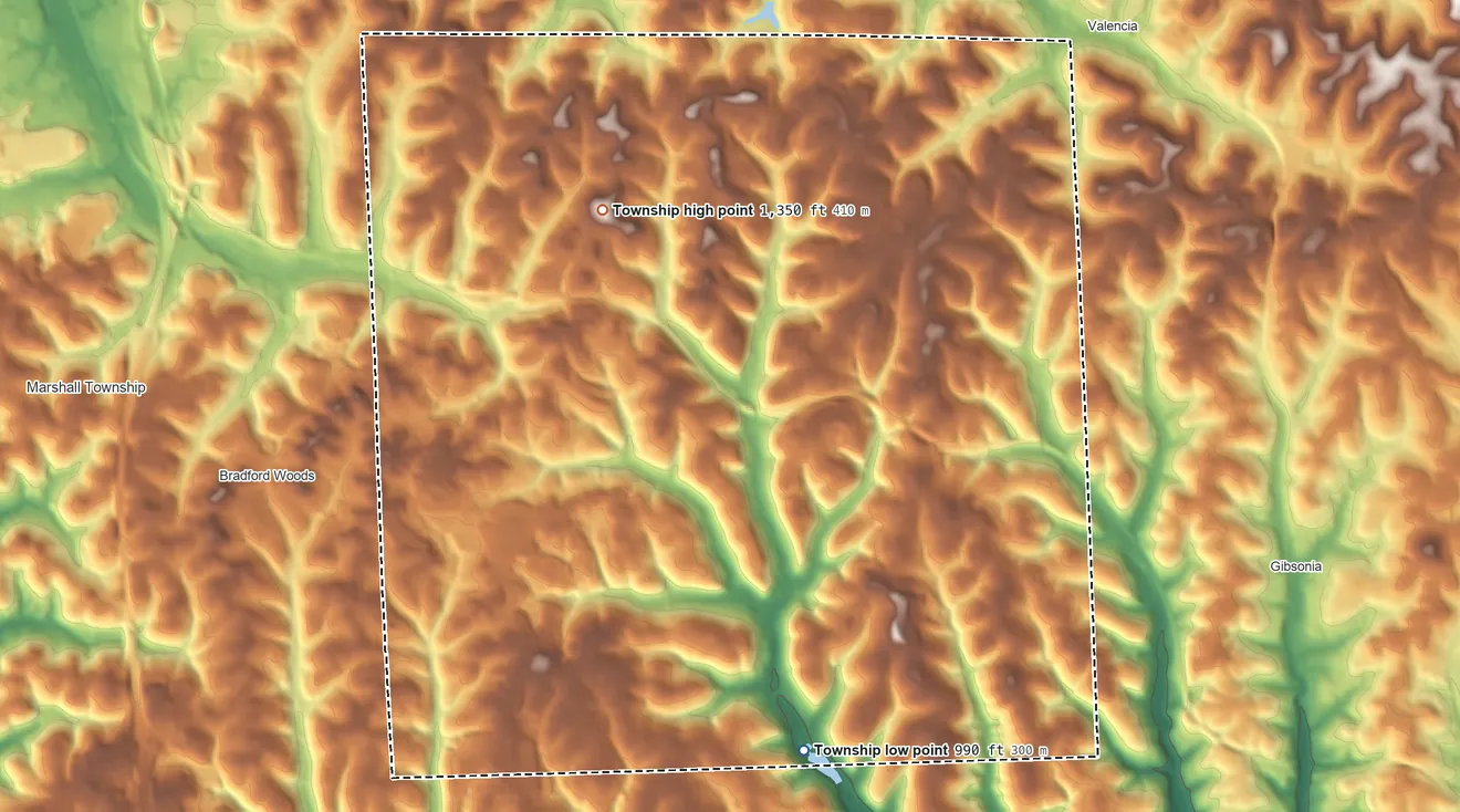 Topographic elevation map of Pine Township, Pennsylvania, shaded from 990 ft on the south side to 1,350 ft on the north side
