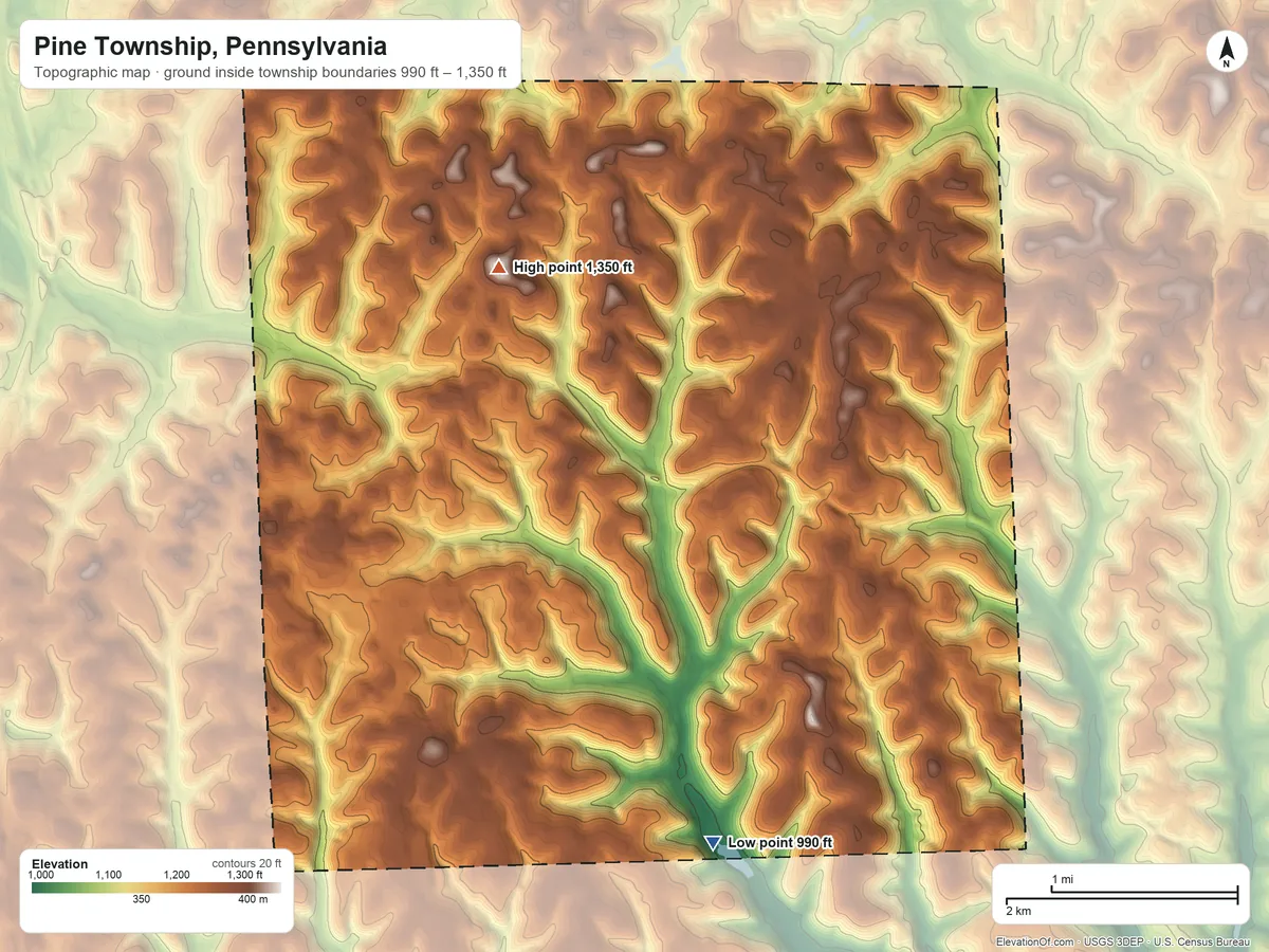 Topographic elevation map of Pine Township, Pennsylvania, shaded from 990 ft on the south side to 1,350 ft on the north side