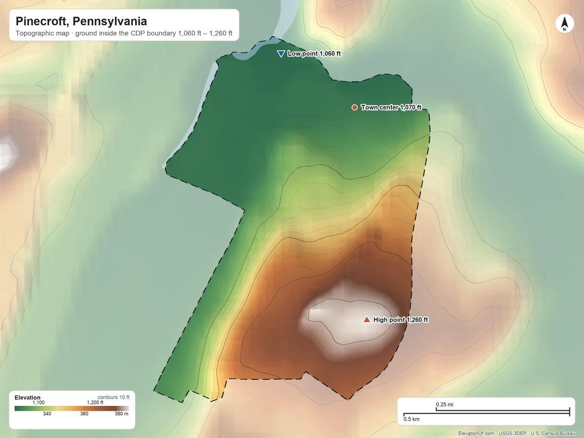 Topographic elevation map of Pinecroft, Pennsylvania, shaded from 1,060 ft on the northwest side to 1,260 ft on the south edge, below higher ground just outside
