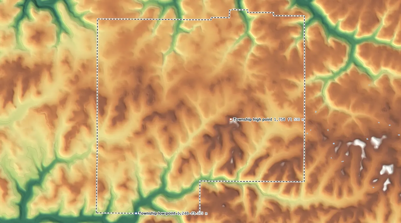Topographic elevation map of Pinegrove Township, Pennsylvania, shaded from 1,240 ft on the south side to 1,750 ft on the southeast side