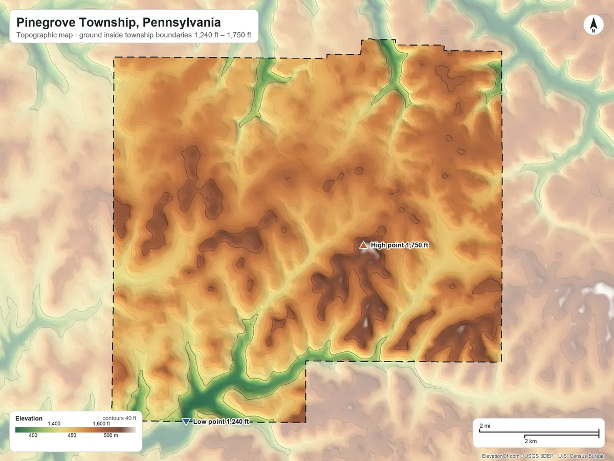 Topographic elevation map of Pinegrove Township, Pennsylvania, shaded from 1,240 ft on the south side to 1,750 ft on the southeast side