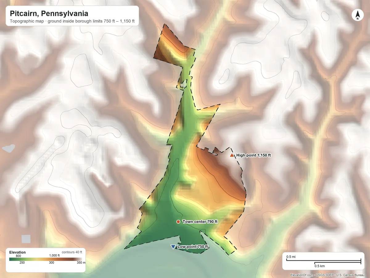 Topographic elevation map of Pitcairn, Pennsylvania, shaded from 750 ft near the middle to 1,150 ft on the northeast side