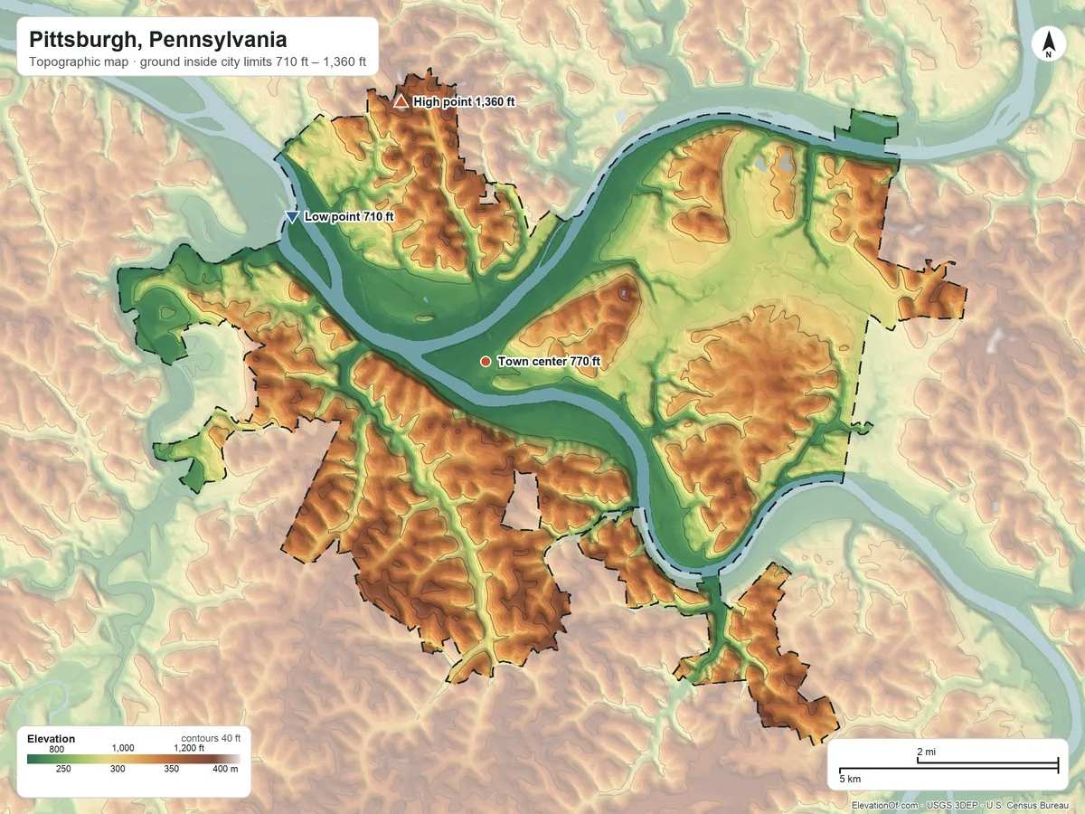 Topographic elevation map of Pittsburgh, Pennsylvania, shaded from 710 ft on the northwest side to 1,360 ft on the north side