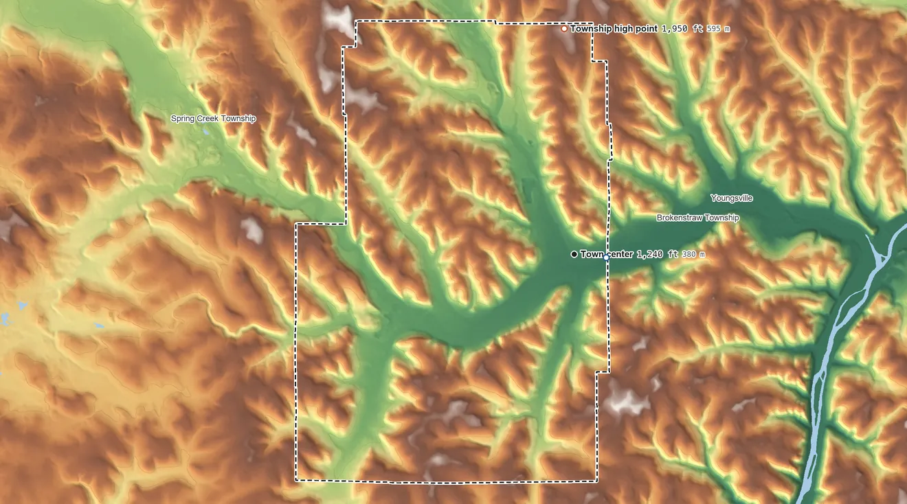 Topographic elevation map of Pittsfield Township, Pennsylvania, shaded from 1,220 ft near the middle to 1,950 ft on the north side