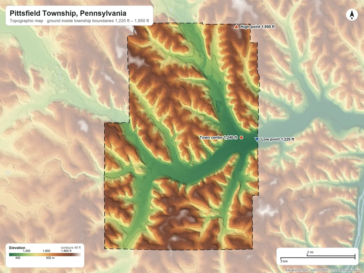 Topographic elevation map of Pittsfield Township, Pennsylvania, shaded from 1,220 ft near the middle to 1,950 ft on the north side