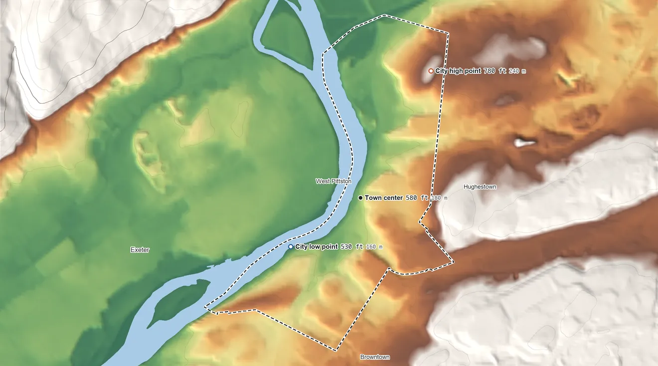 Topographic elevation map of Pittston, Pennsylvania, shaded from 530 ft on the southwest side to 780 ft on the northeast edge, below higher ground just outside