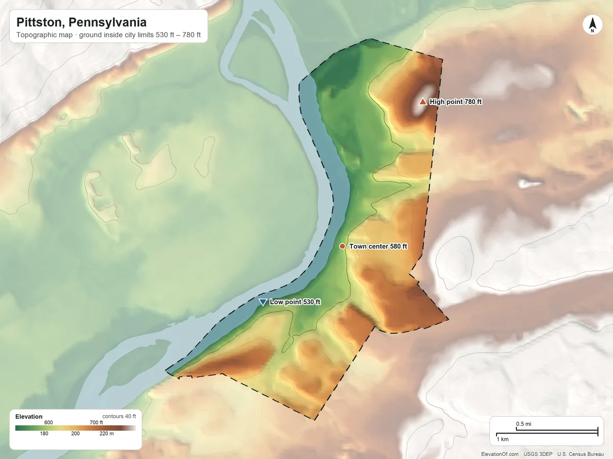 Topographic elevation map of Pittston, Pennsylvania, shaded from 530 ft on the southwest side to 780 ft on the northeast edge, below higher ground just outside