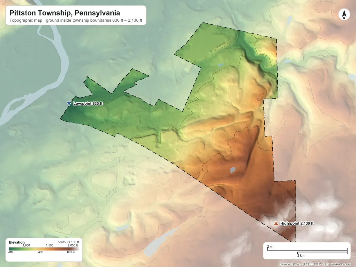 Topographic elevation map of Pittston Township, Pennsylvania, shaded from 630 ft on the west side to 2,130 ft on Little Shiney Mountain