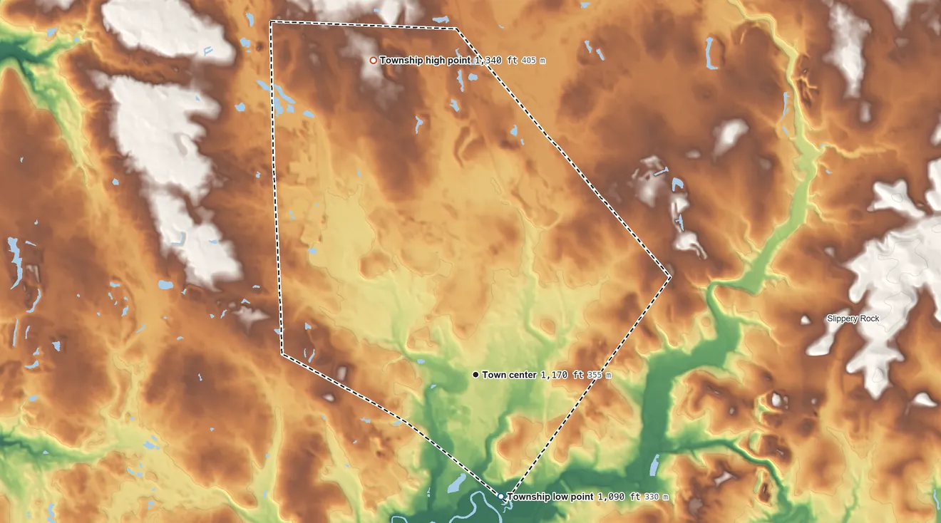 Topographic elevation map of Plain Grove Township, Pennsylvania, shaded from 1,090 ft on the south side to 1,340 ft on the north side