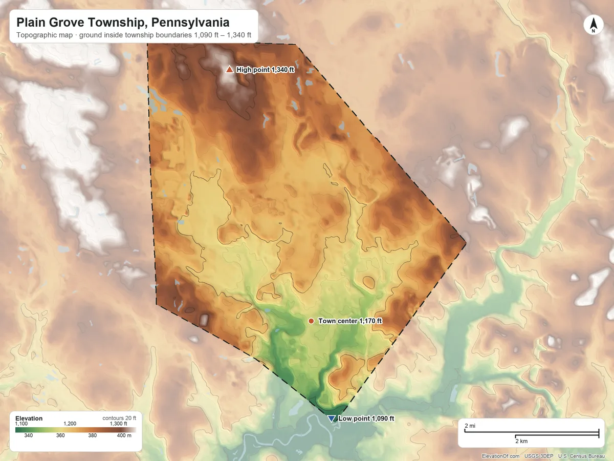 Topographic elevation map of Plain Grove Township, Pennsylvania, shaded from 1,090 ft on the south side to 1,340 ft on the north side