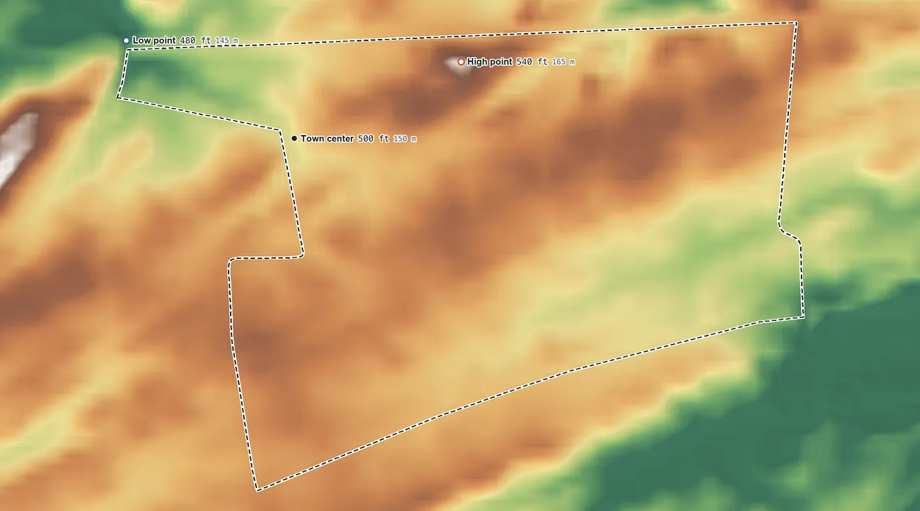 Topographic elevation map of Plainfield, Pennsylvania, shaded from 480 ft on the northwest side to 540 ft on the northeast side