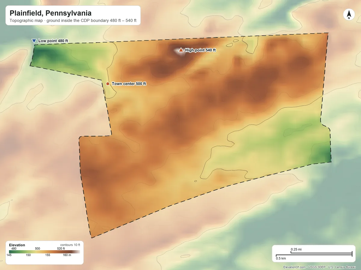 Topographic elevation map of Plainfield, Pennsylvania, shaded from 480 ft on the northwest side to 540 ft on the northeast side