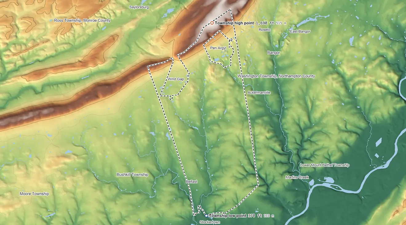 Topographic elevation map of Plainfield Township, Pennsylvania, shaded from 370 ft on the south side to 1,690 ft on the north side