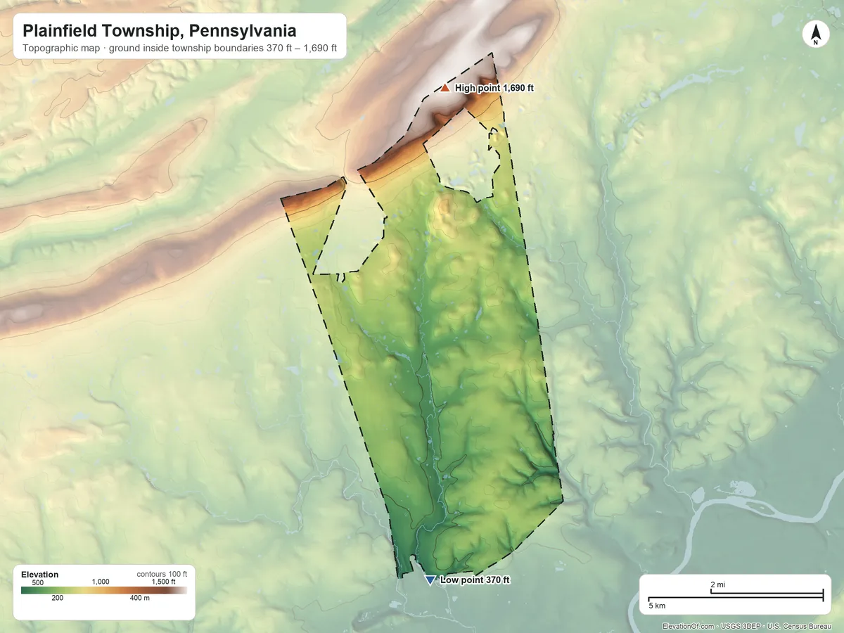 Topographic elevation map of Plainfield Township, Pennsylvania, shaded from 370 ft on the south side to 1,690 ft on the north side