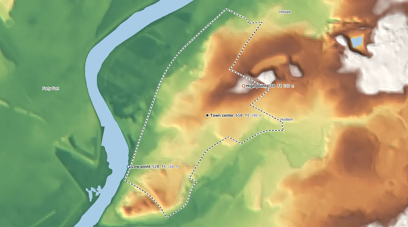 Topographic elevation map of Plains, Pennsylvania, shaded from 520 ft on the southwest side to 780 ft on the northeast side