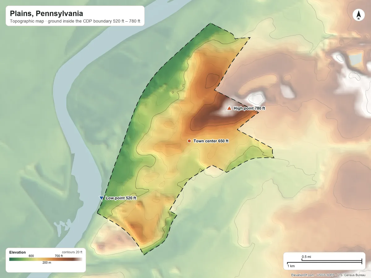 Topographic elevation map of Plains, Pennsylvania, shaded from 520 ft on the southwest side to 780 ft on the northeast side