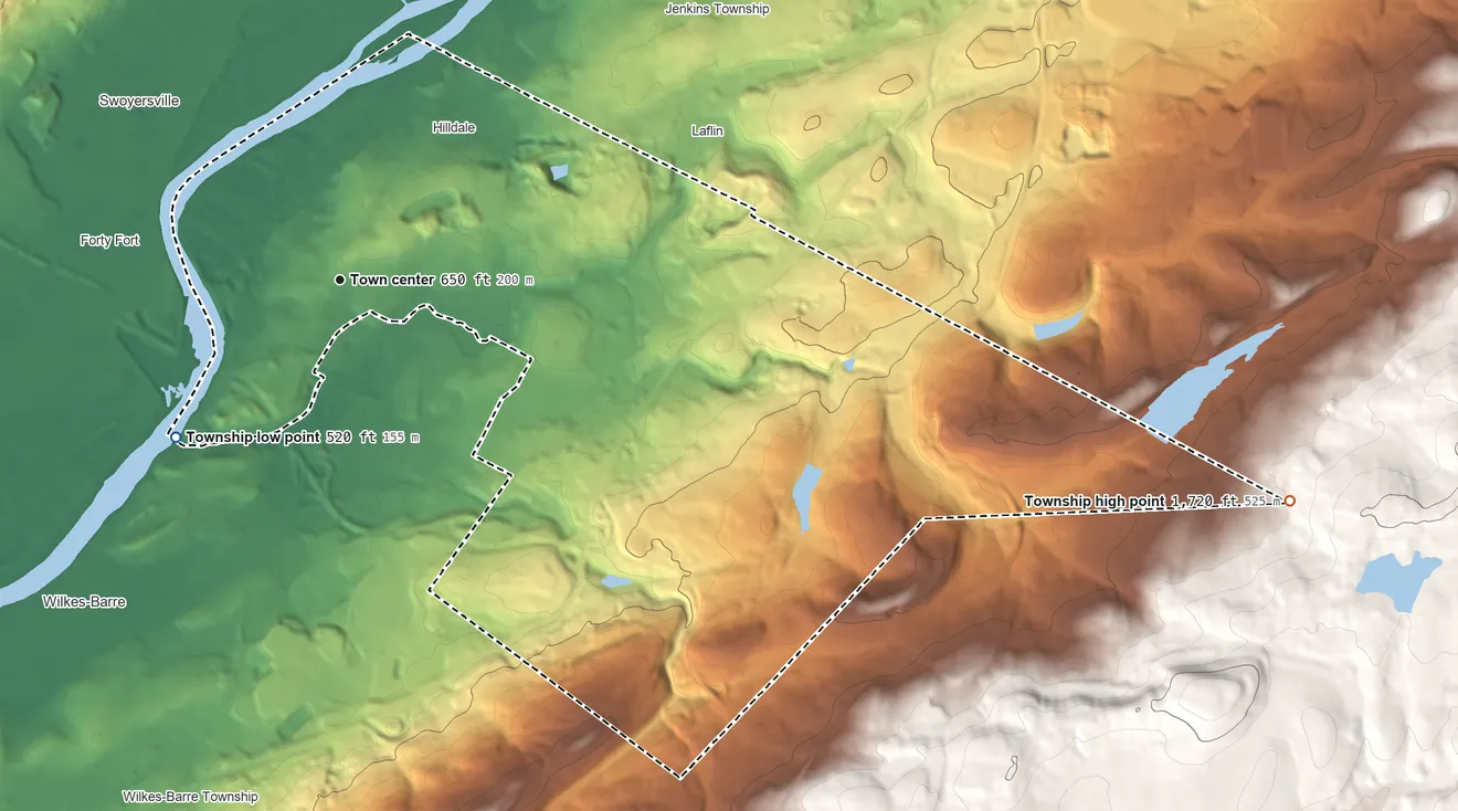 Topographic elevation map of Plains Township, Pennsylvania, shaded from 520 ft on the southwest side to 1,720 ft on the east edge, below higher ground just outside