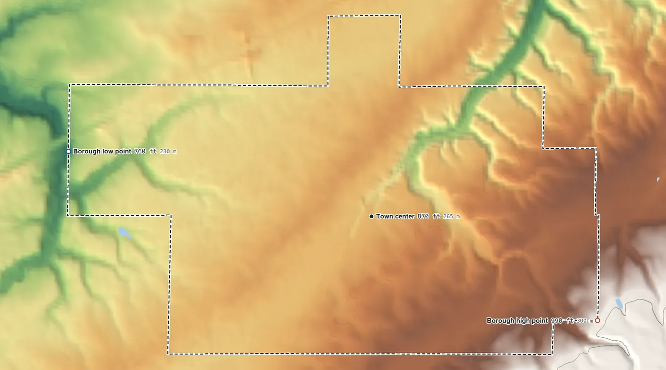 Topographic elevation map of Platea, Pennsylvania, shaded from 760 ft on the west side to 990 ft on the southeast side
