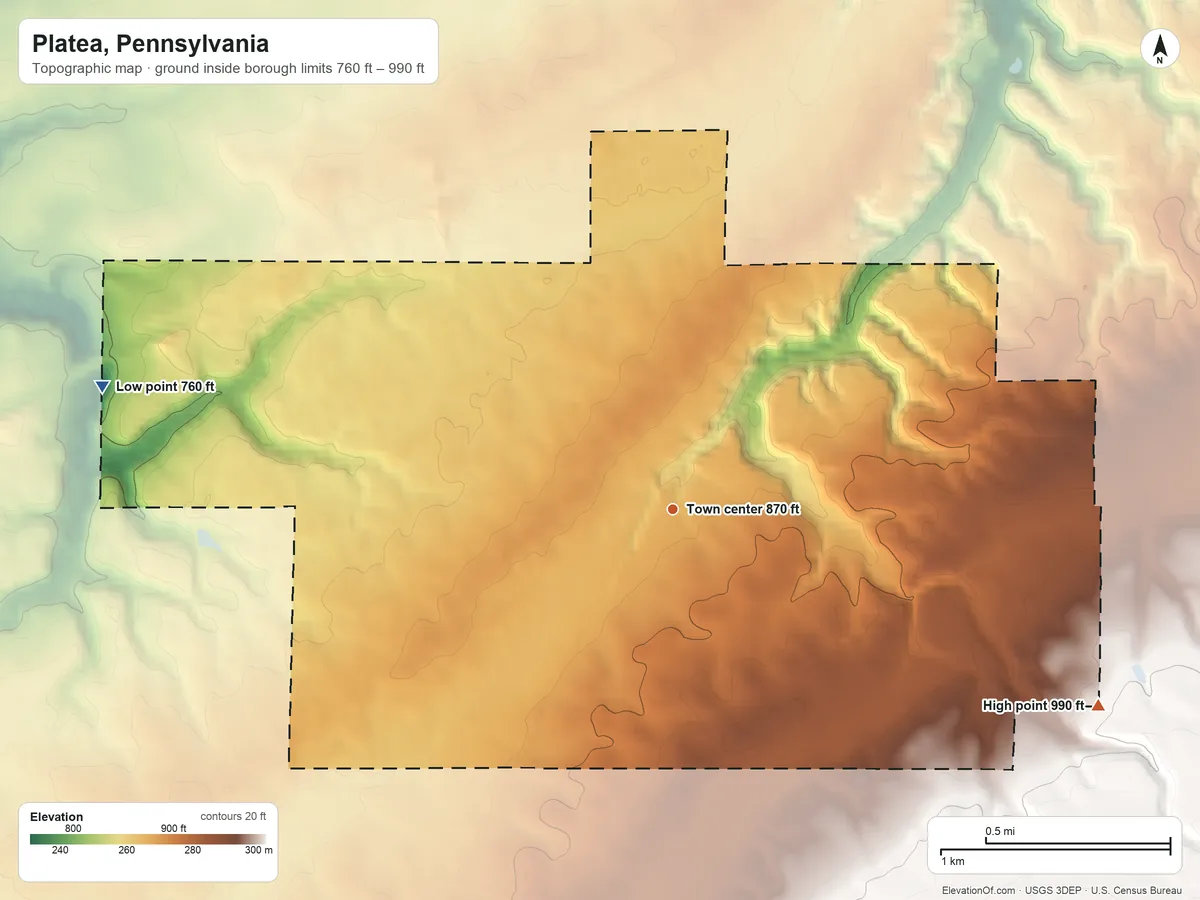 Topographic elevation map of Platea, Pennsylvania, shaded from 760 ft on the west side to 990 ft on the southeast side