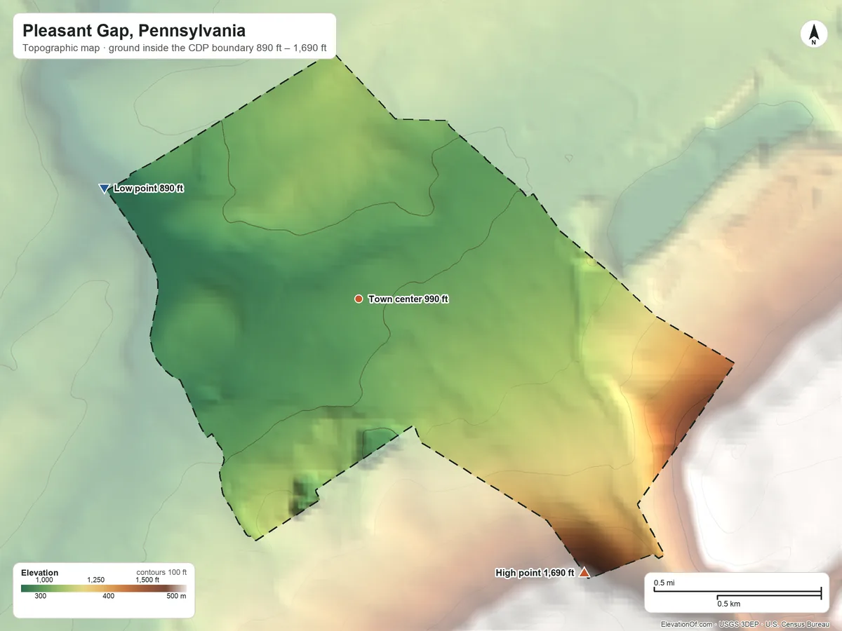 Topographic elevation map of Pleasant Gap, Pennsylvania, shaded from 890 ft on the northwest side to 1,690 ft on the southeast edge, below higher ground just outside