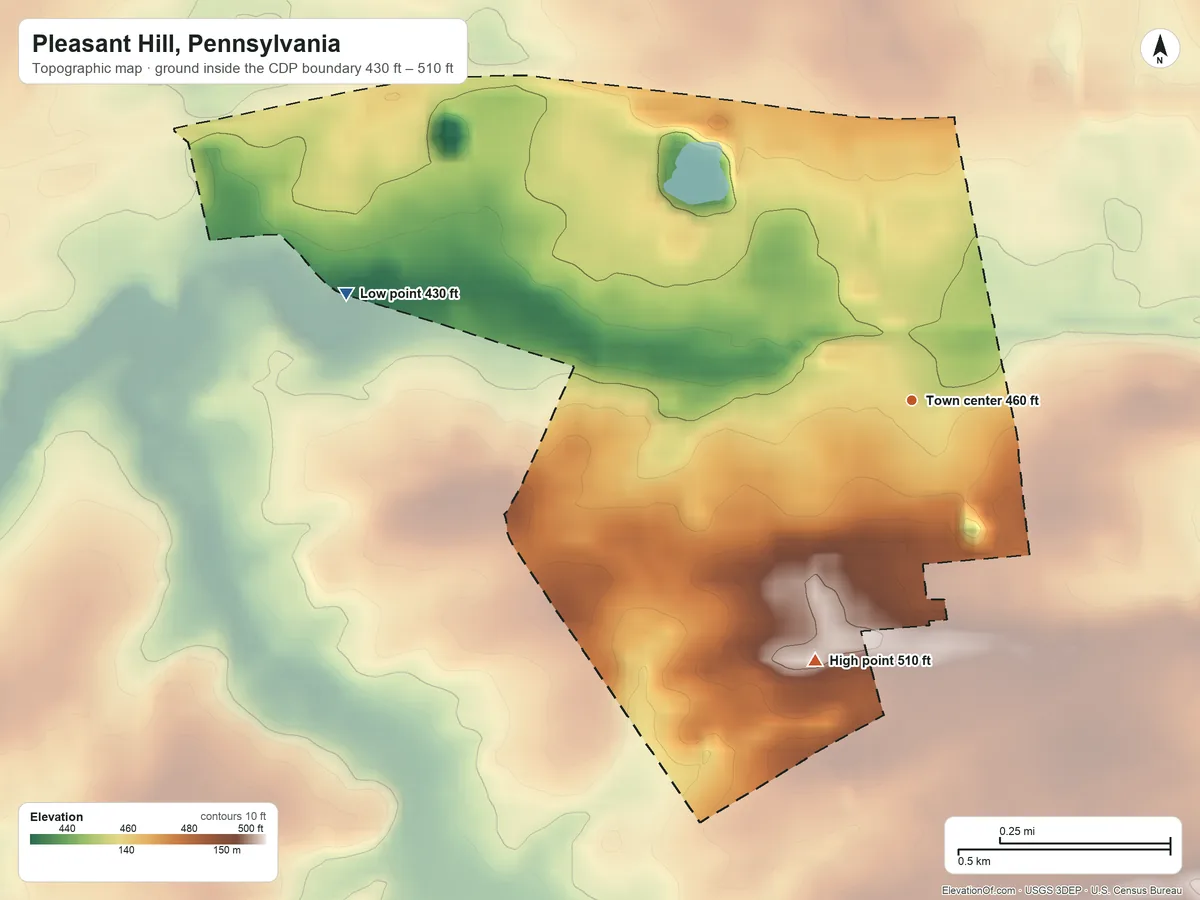 Topographic elevation map of Pleasant Hill, Pennsylvania, shaded from 430 ft on the west side to 510 ft on the south side