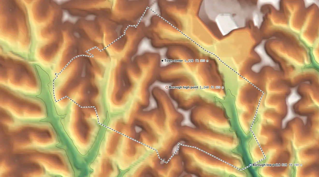 Topographic elevation map of Pleasant Hills, Pennsylvania, shaded from 920 ft on the southeast side to 1,240 ft on the south side