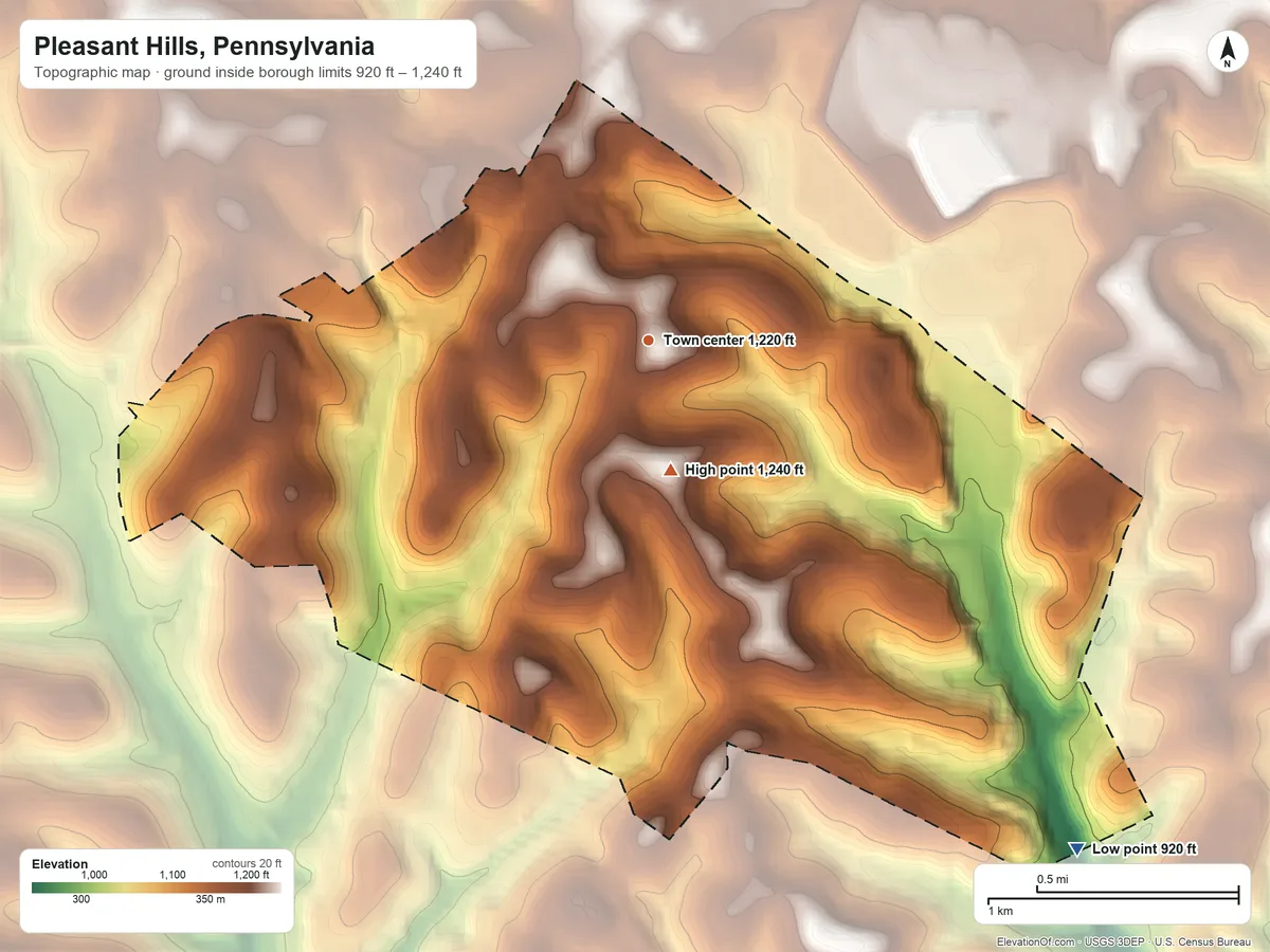 Topographic elevation map of Pleasant Hills, Pennsylvania, shaded from 920 ft on the southeast side to 1,240 ft on the south side