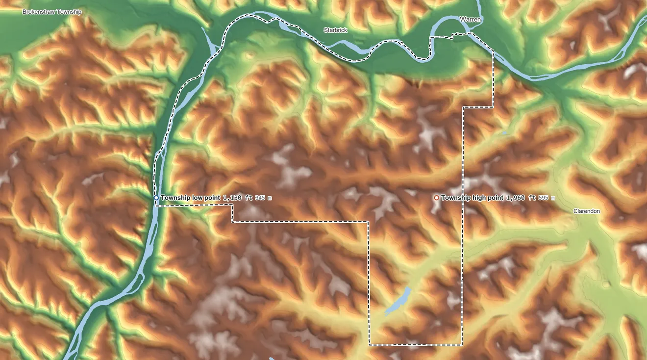 Topographic elevation map of Pleasant Township, Pennsylvania, shaded from 1,130 ft on the southwest side to 1,960 ft on the south side