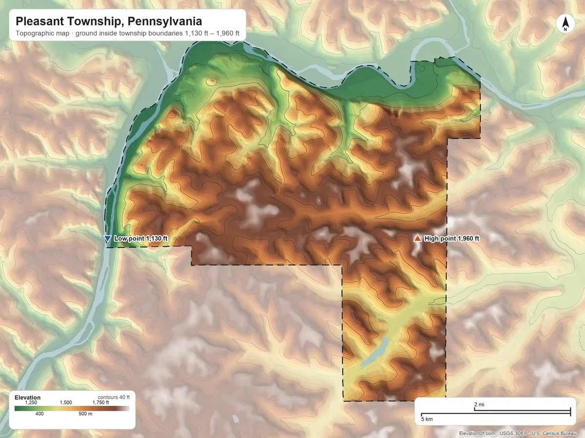 Topographic elevation map of Pleasant Township, Pennsylvania, shaded from 1,130 ft on the southwest side to 1,960 ft on the south side