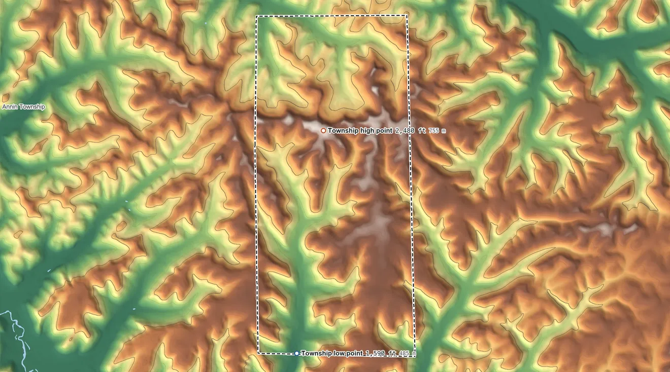 Topographic elevation map of Pleasant Valley Township, Pennsylvania, shaded from 1,590 ft on the south side to 2,480 ft on the north side