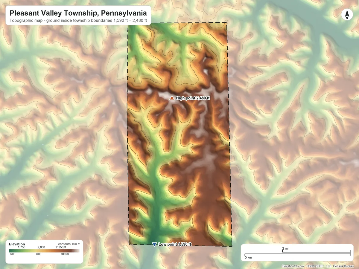 Topographic elevation map of Pleasant Valley Township, Pennsylvania, shaded from 1,590 ft on the south side to 2,480 ft on the north side