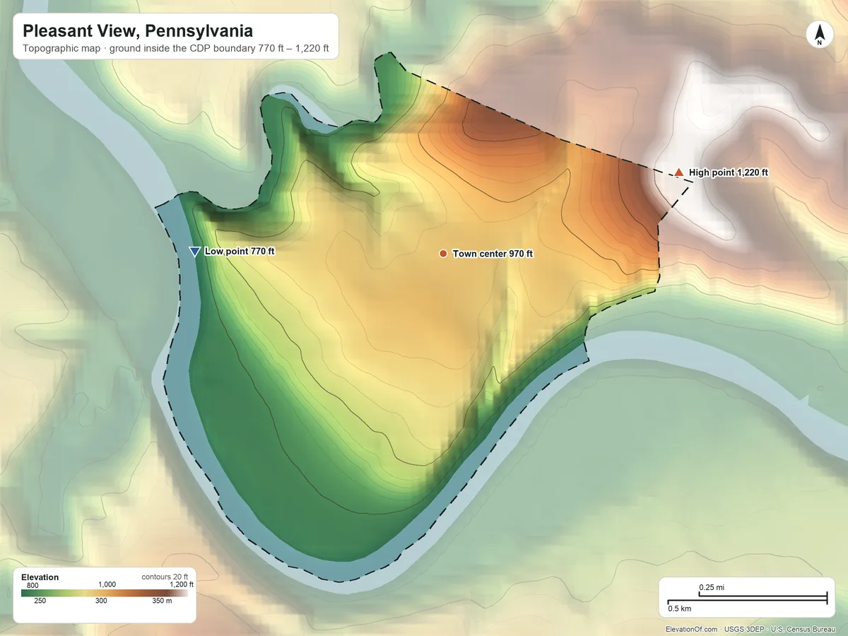 Topographic elevation map of Pleasant View, Pennsylvania, shaded from 770 ft on the west side to 1,220 ft on the east side
